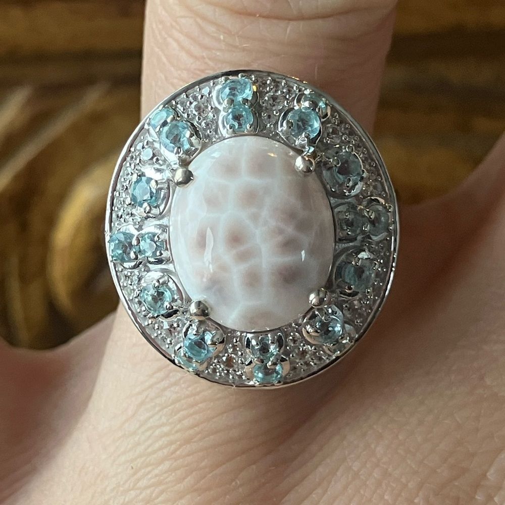 Natrolite Blue Apatite Sterling Silver Cocktail Ring Size 8